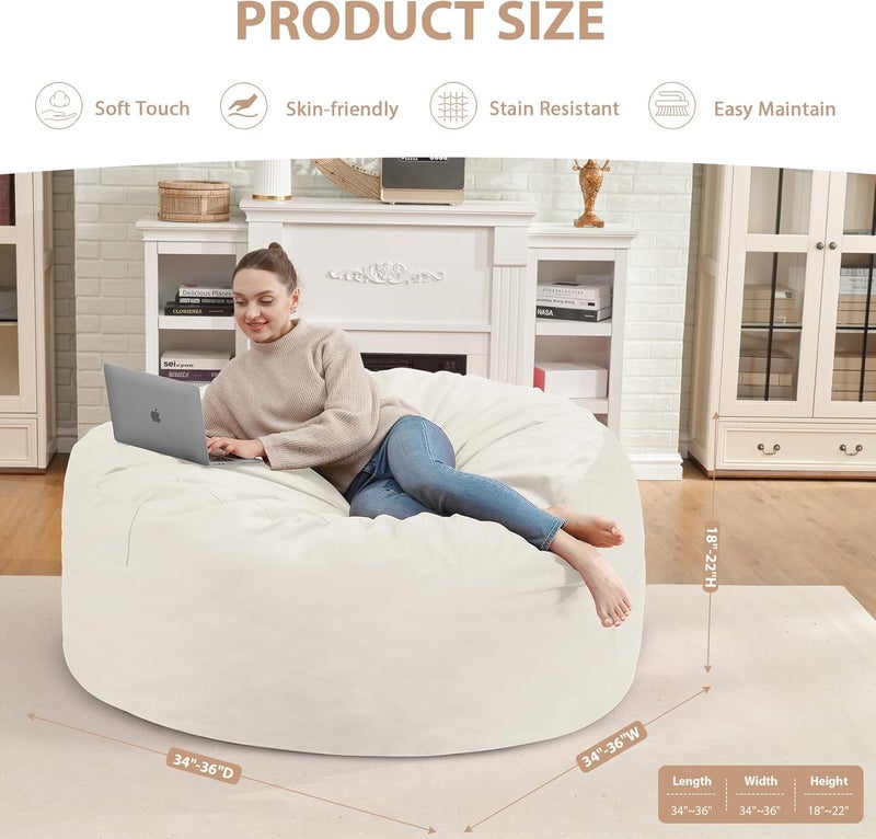 SIMFLAG 3FT Bean Bag Chair, Comfy Bean Bag Chairs with Memory Foam Filled, Fluffy Beanbag Sofa with Dutch Velvet Cover, Round BeanBag Chairs for Living Room, Playroom - Beige - Image 3